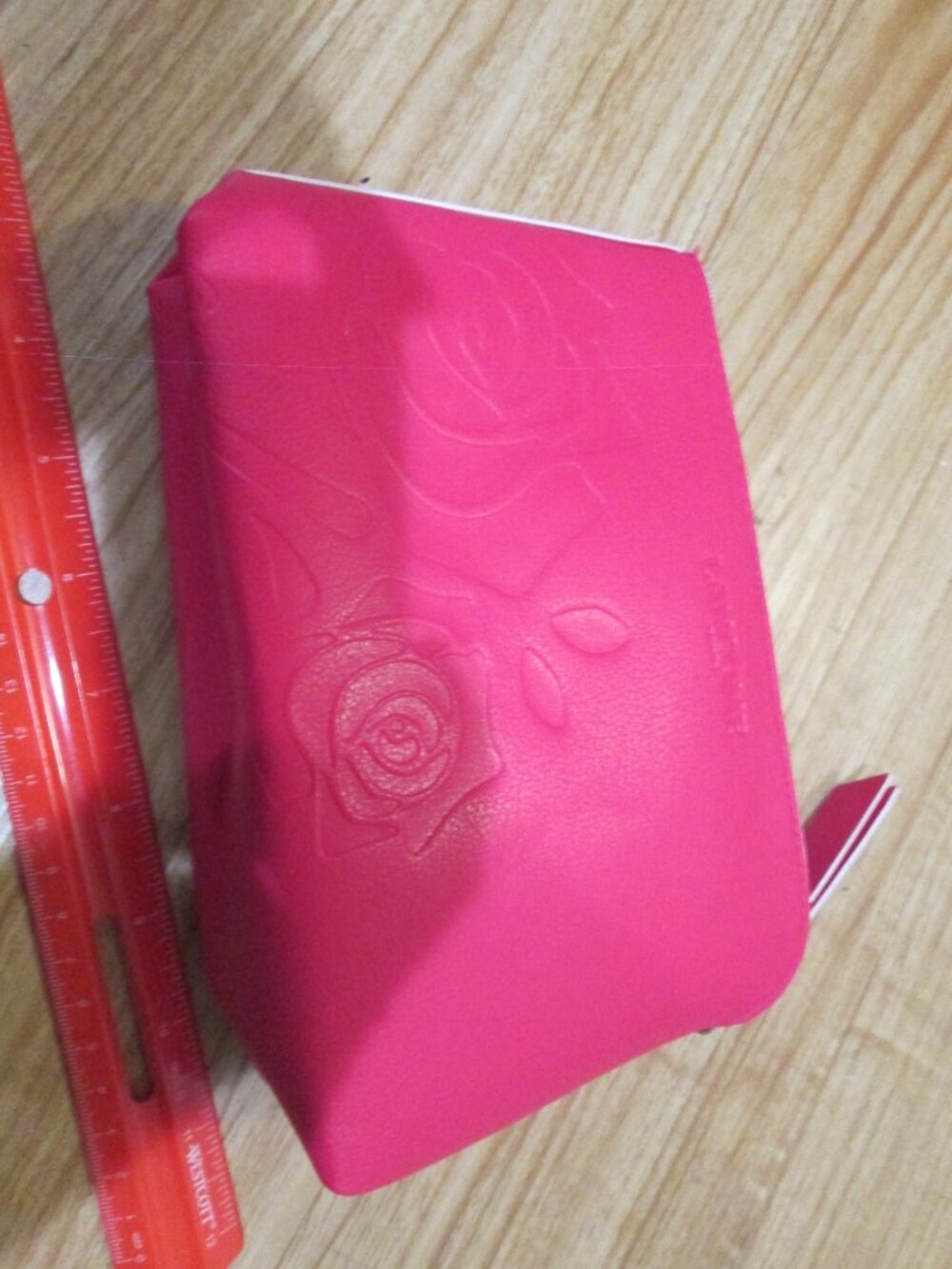 Beautiful sleek Lancome zippered make-up pouch w/rose embellishment faux pink